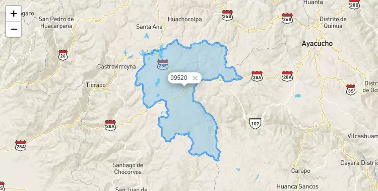 Mapa de la zona del código postal 09520 en Pilpichaca, Huancavelica