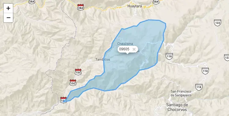 Mapa de la zona del código postal 09605 en Ayaví, Huancavelica