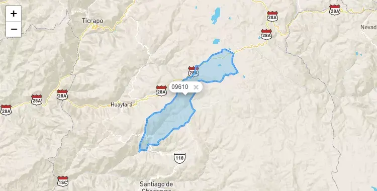 Mapa de la zona del código postal 09610 en Tambo, Huancavelica