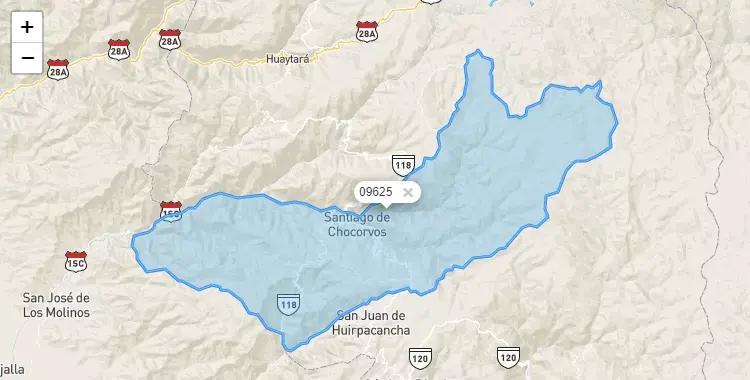 Mapa de la zona del código postal 09625 en Santiago de Chocorvos, Huancavelica