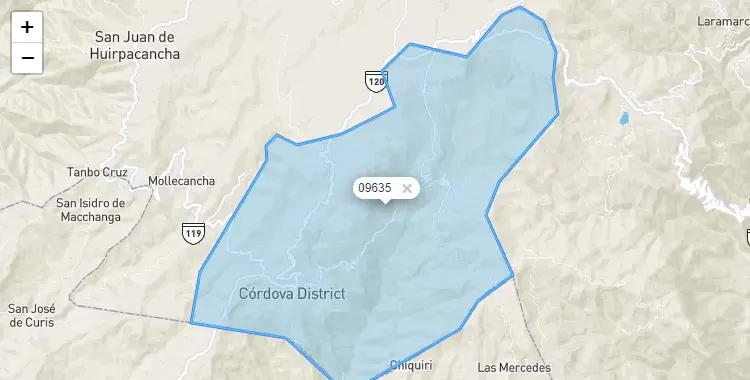 Mapa de la zona del código postal 09635 en Cordova, Huancavelica