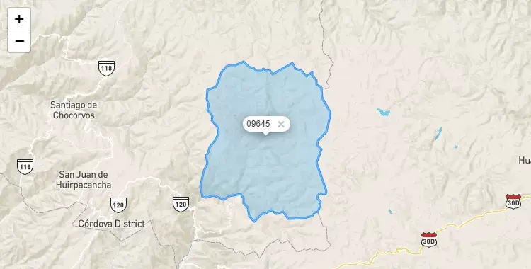 Mapa de la zona del código postal 09645 en Querco, Huancavelica