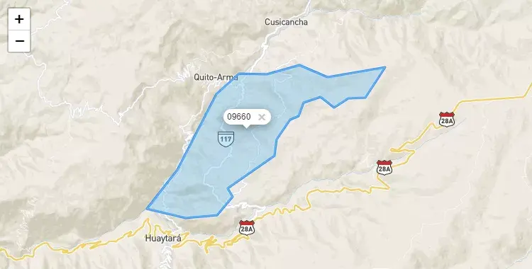 Mapa de la zona del código postal 09660 en Huayacundo Arma, Huancavelica