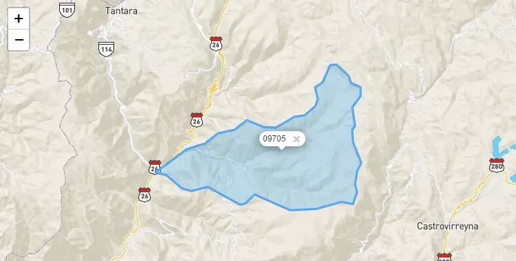 Mapa de la zona del código postal 09705 en Huachos, Huancavelica
