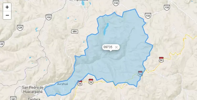 Mapa de la zona del código postal 09735 en Aurahua, Huancavelica