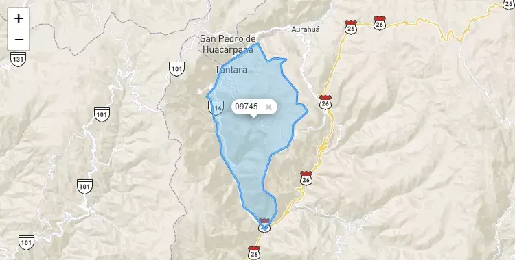 Mapa de la zona del código postal 09745 en Tantara, Huancavelica