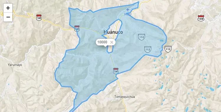 Mapa de la zona del código postal 10000 en Pillco Marca, Huanuco