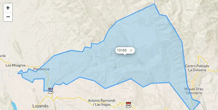 Mapa de la zona del código postal 10160 en Hermilio Valdizán, Huanuco
