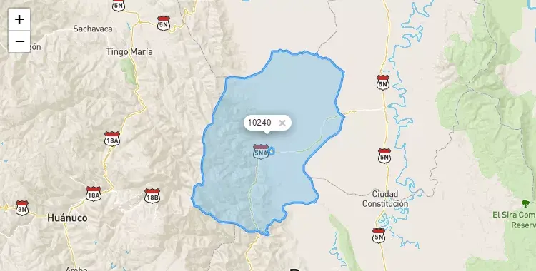 Mapa de la zona del código postal 10240 en Codo del Pozuzo, Huanuco