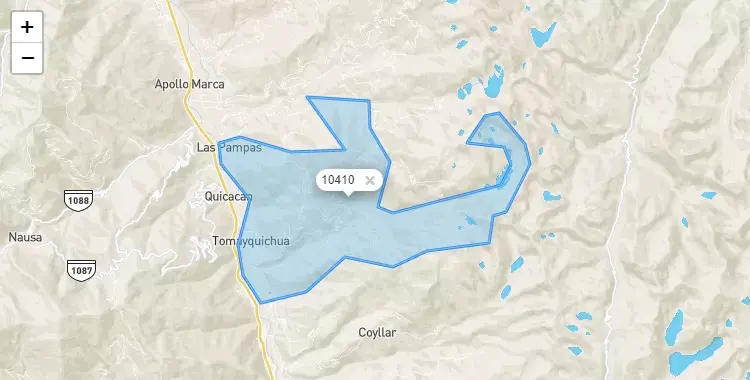Mapa de la zona del código postal 10410 en Tomay Kichwa, Huanuco