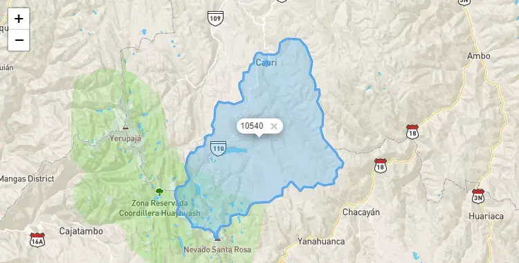 Mapa de la zona del código postal 10540 en San Miguel de Cauri, Huanuco