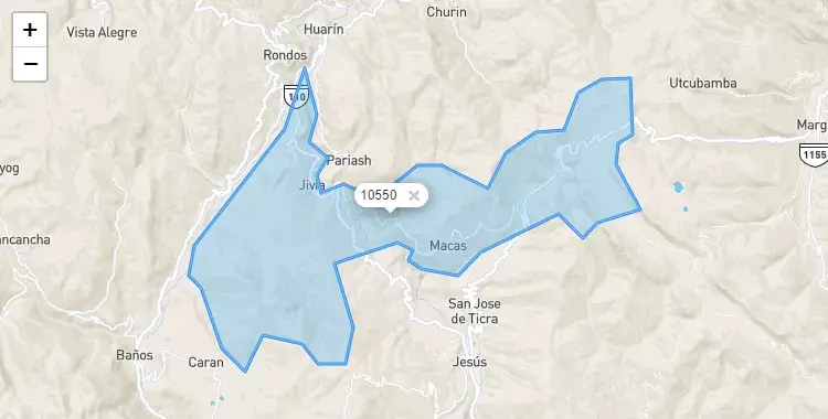 Mapa de la zona del código postal 10550 en Jivia, Huanuco