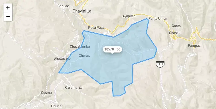 Mapa de la zona del código postal 10570 en Choras, Huanuco