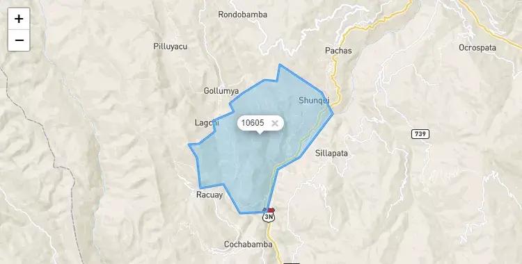 Mapa de la zona del código postal 10605 en Shunqui, Huanuco