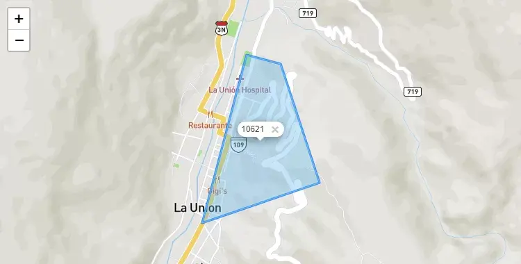 Mapa de la zona del código postal 10621 en La Unión, Huanuco