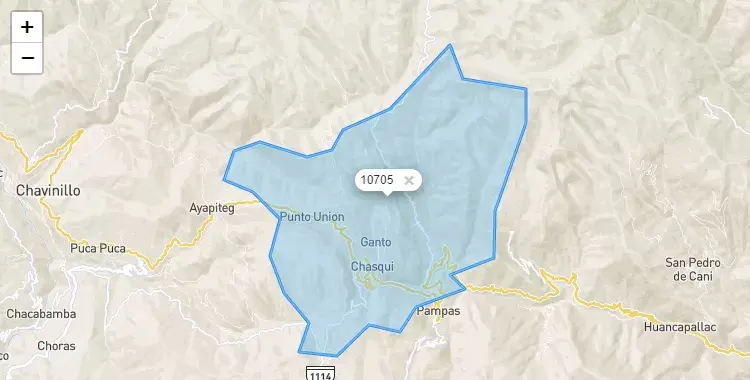 Mapa de la zona del código postal 10705 en Jacas Chico, Huanuco