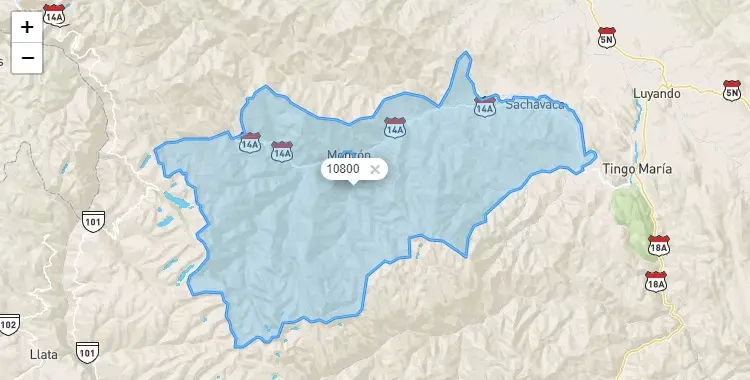 Mapa de la zona del código postal 10800 en Monzón, Huanuco