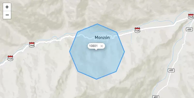 Mapa de la zona del código postal 10801 en Monzón, Huanuco