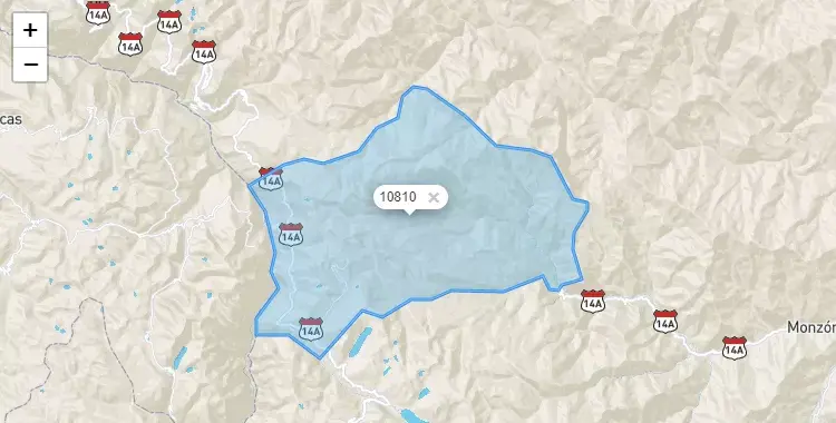 Mapa de la zona del código postal 10810 en Jircan, Huanuco