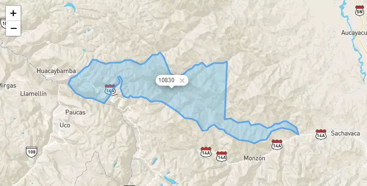 Mapa de la zona del código postal 10830 en Cochabamba, Huanuco