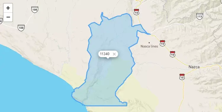 Mapa de la zona del código postal 11340 en Changuillo, Ica