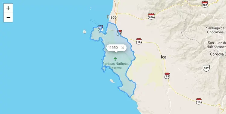 Mapa de la zona del código postal 11550 en Paracas, Ica