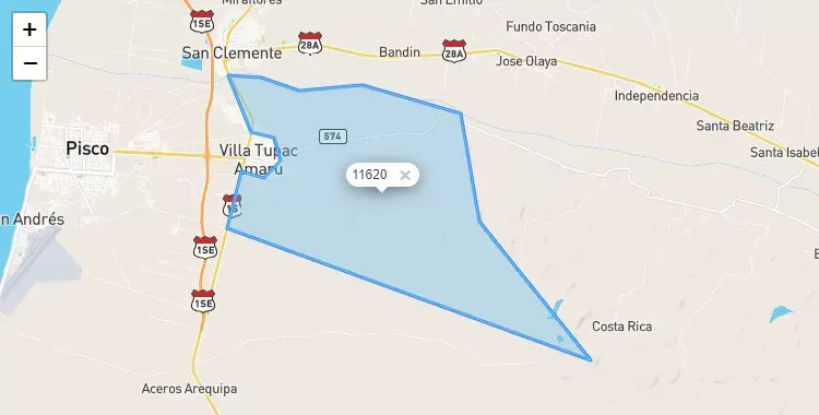 Mapa de la zona del código postal 11620 en Tupac Amaru Inca, Ica