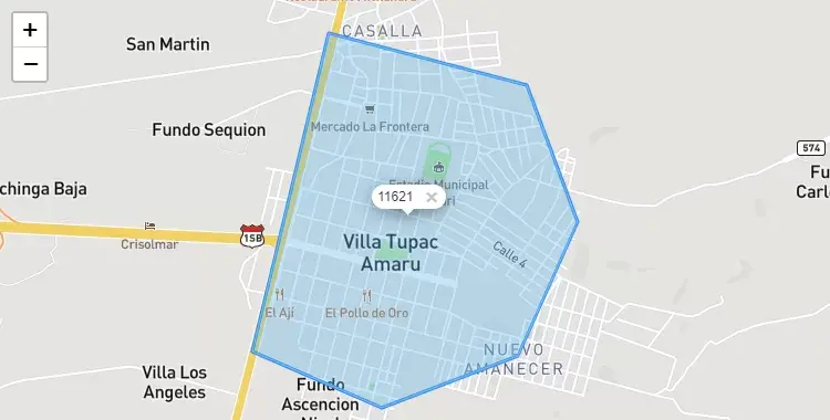Mapa de la zona del código postal 11621 en Tupac Amaru Inca, Ica
