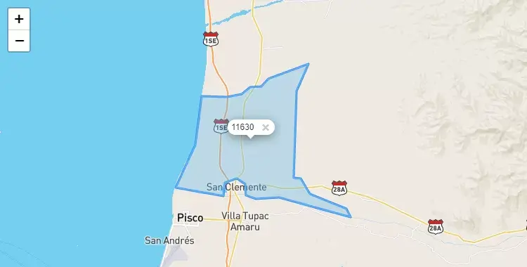 Mapa de la zona del código postal 11630 en San Clemente, Ica