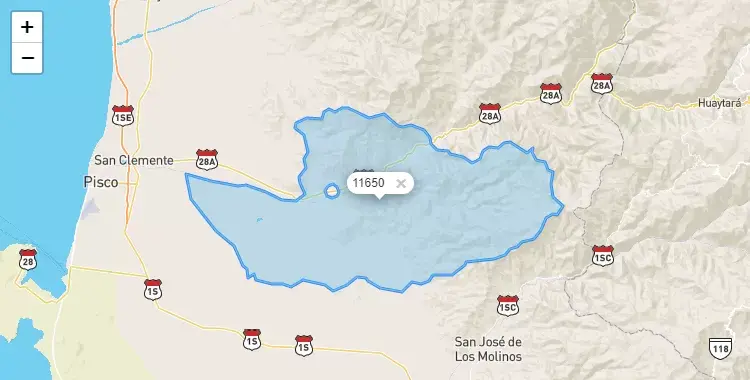Mapa de la zona del código postal 11650 en Humay, Ica