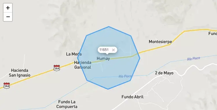 Mapa de la zona del código postal 11651 en Humay, Ica
