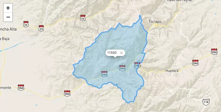 Mapa de la zona del código postal 11660 en Huancano, Ica