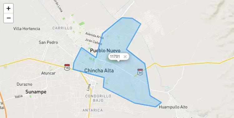 Mapa de la zona del código postal 11701 en Chincha Alta, Ica