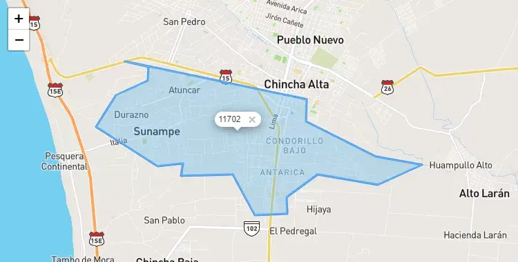 Mapa de la zona del código postal 11702 en Sunampe, Ica