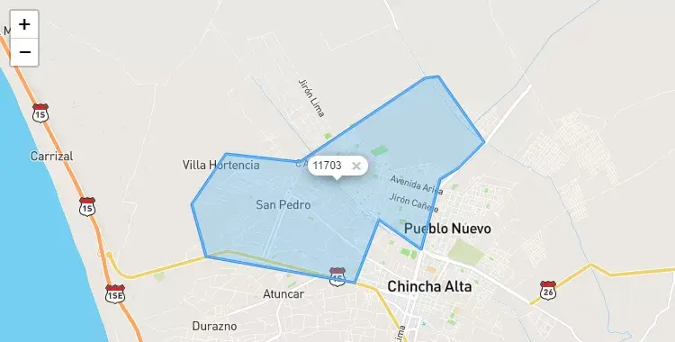 Mapa de la zona del código postal 11703 en Grocio Prado, Ica
