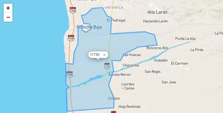 Mapa de la zona del código postal 11750 en Chincha Baja, Ica