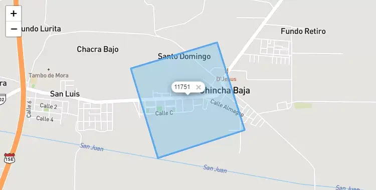 Mapa de la zona del código postal 11751 en Chincha Baja, Ica