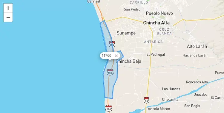 Mapa de la zona del código postal 11760 en Tambo de Mora, Ica