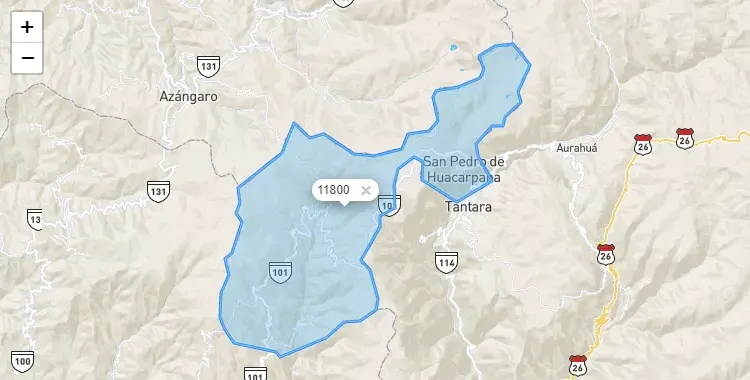 Mapa de la zona del código postal 11800 en San Pedro de Huacarpana, Ica