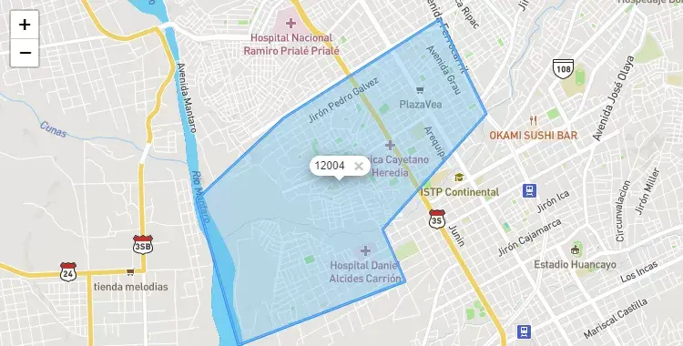 Mapa de la zona del código postal 12004 en El Tambo, Junín