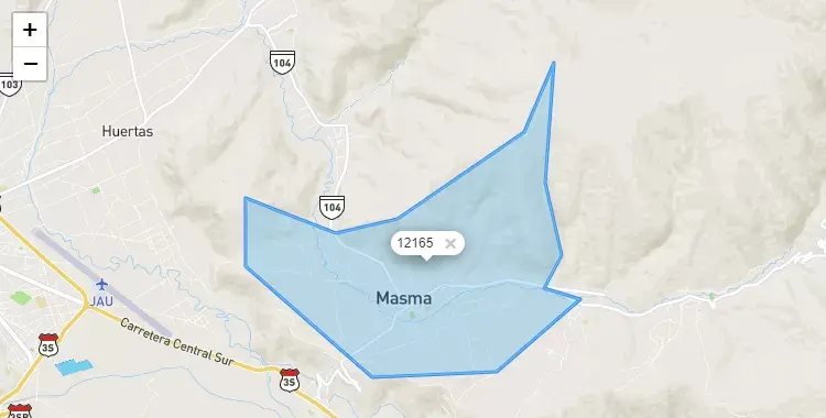 Mapa de la zona del código postal 12165 en Masma, Junín