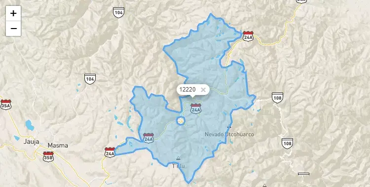 Mapa de la zona del código postal 12220 en Comas, Junín