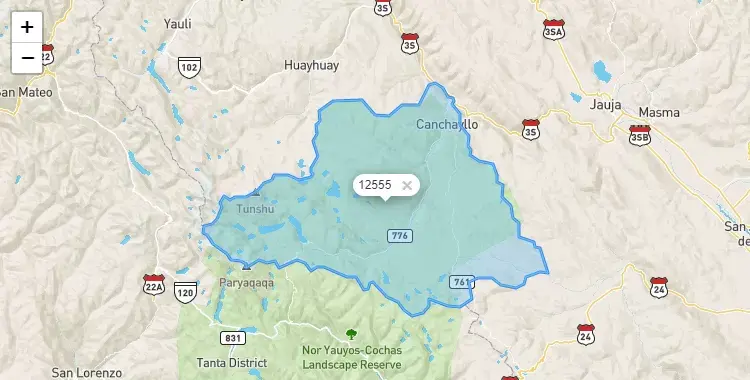 Mapa de la zona del código postal 12555 en Canchayllo, Junín