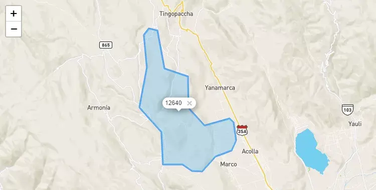 Mapa de la zona del código postal 12640 en Tunan Marca, Junín
