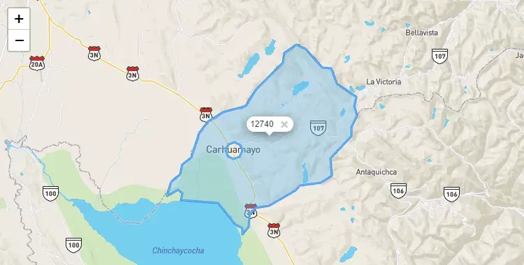 Mapa de la zona del código postal 12740 en Carhuamayo, Junín