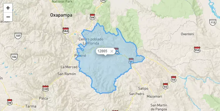 Mapa de la zona del código postal 12865 en Perené, Junín