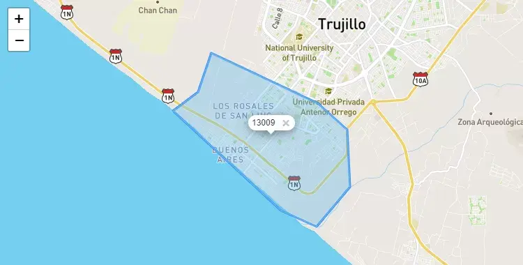 Mapa de la zona del código postal 13009 en Víctor Larco Herrera, La Libertad