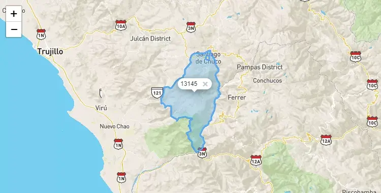 Mapa de la zona del código postal 13145 en Santiago de Chuco, La Libertad