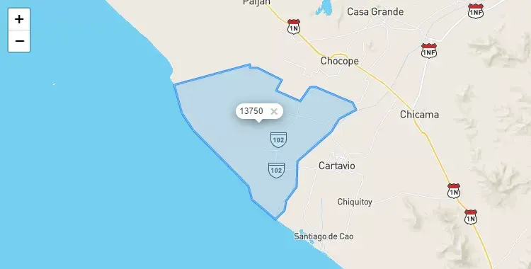 Mapa de la zona del código postal 13750 en Magdalena de Cao, La Libertad