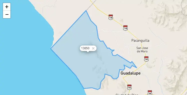Mapa de la zona del código postal 13850 en Pueblo Nuevo, La Libertad